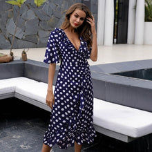 Load image into Gallery viewer, 2021 New Summer Women&#39;s Polka Dot Print Short-Sleeved V-Neck Ruffle Hem Sexy Maxi Dresses