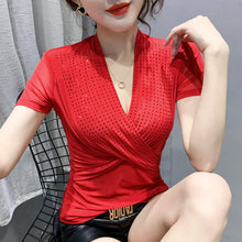 Load image into Gallery viewer, 2021 New Summer Women&#39;s t-shirt Fashion Casual Short Sleeve Cross Mesh Tops Hot Drilling V-Neck tshirt Blusas