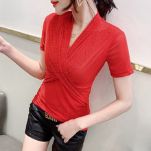 Load image into Gallery viewer, 2021 New Summer Women&#39;s t-shirt Fashion Casual Short Sleeve Cross Mesh Tops Hot Drilling V-Neck tshirt Blusas