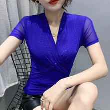 Load image into Gallery viewer, 2021 New Summer Women&#39;s t-shirt Fashion Casual Short Sleeve Cross Mesh Tops Hot Drilling V-Neck tshirt Blusas