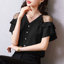 Load image into Gallery viewer, 2021 New V-Neck Women Shirt Summer All-Match Short Sleeve Chiffon Top Solid Single Breasted Decoration Strapless Female Blouse