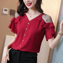 Load image into Gallery viewer, 2021 New V-Neck Women Shirt Summer All-Match Short Sleeve Chiffon Top Solid Single Breasted Decoration Strapless Female Blouse