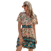Load image into Gallery viewer, 2021 New Women Dresses Summer Sexy V Neck Floral Print Boho Beach Dress Ruffle Short Sleeve A Line Mini Dress Sundress Robe