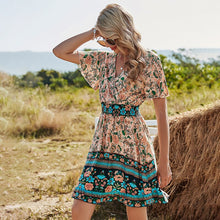 Load image into Gallery viewer, 2021 New Women Dresses Summer Sexy V Neck Floral Print Boho Beach Dress Ruffle Short Sleeve A Line Mini Dress Sundress Robe