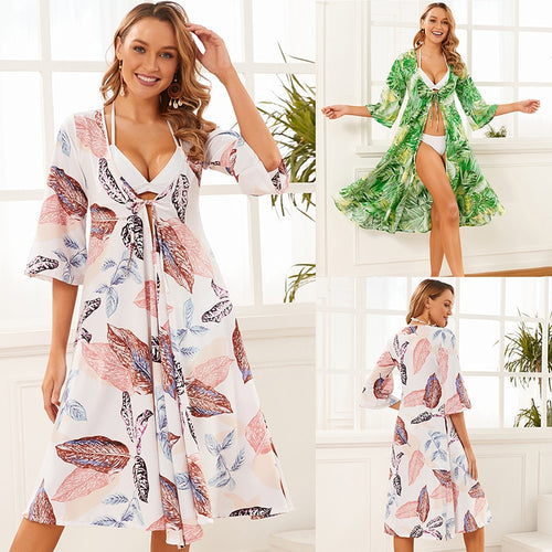 2021 New Women Summer Drawstring Waist Swimsuit Cover Up Side Split Beach Kimono Cardigan