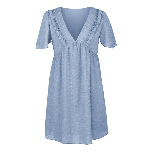 2021 New Women Summer Dress Sexy Deep V-Neck Ruffled Short Sleeve High Waist Dots Loose Fit Elegant Beach Solid Female Vestidos