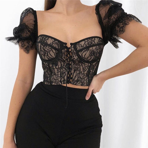 2021 New Women Top Lace Bandage Puff Sleeve Summer Fashion Sexy Slim Black Square Collar Backless Short Beautiful