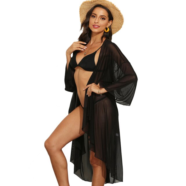 2021 New Women's Chiffon Kimono Cardigan Cover Up With Half Sleeve Summer Sheer Beachwear Swimsuit for Bikini