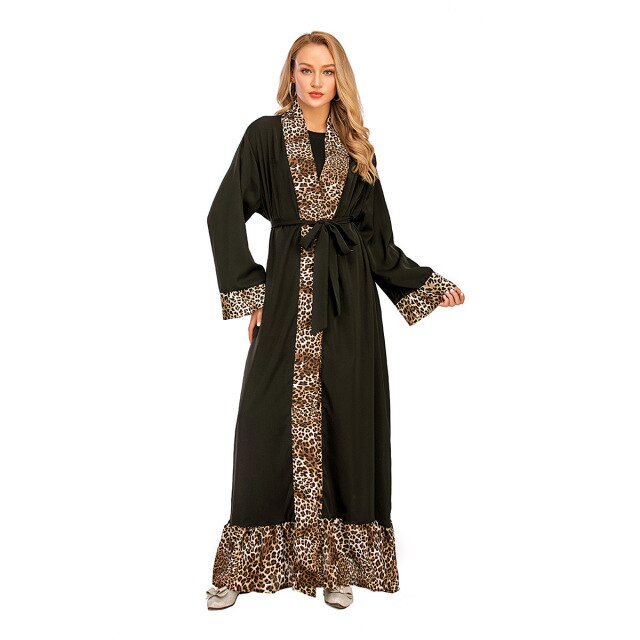 2021 New Women's Leopard Print Stitching Fashion Abaya Kimono Cardigan Robe Casual Light Luxury Home Service Muslim Woman Dress