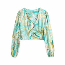 Load image into Gallery viewer, 2021 New spring summer women dress Bohemian floral print cropped hollow design sexy navel short top long sleeve chiffon shirt