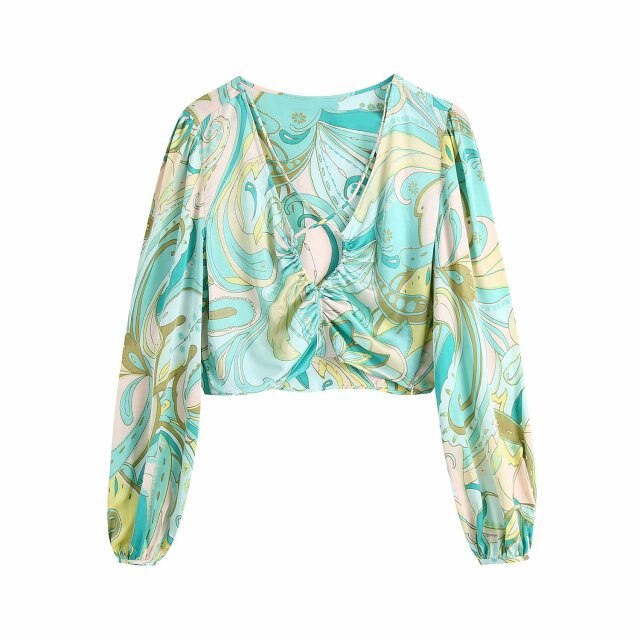 2021 New spring summer women dress Bohemian floral print cropped hollow design sexy navel short top long sleeve chiffon shirt