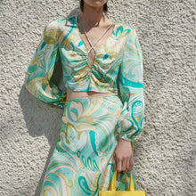 Load image into Gallery viewer, 2021 New spring summer women dress Bohemian floral print cropped hollow design sexy navel short top long sleeve chiffon shirt