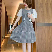 Load image into Gallery viewer, 2021 Plaid Dress For Women Mesh Short Sleeves Patchwork High Waist A-Line Elegant Casual Ladies Party Dresses Female Clothes