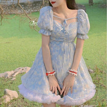 Load image into Gallery viewer, 2021 Print Sweet Kawaii Mini Dress Women Japanese Vintage Cute Blue Lace-up Dress French Princess Sequin Puff Sleeve Fairy Dress