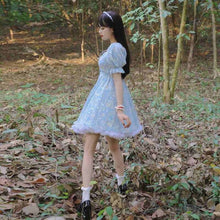Load image into Gallery viewer, 2021 Print Sweet Kawaii Mini Dress Women Japanese Vintage Cute Blue Lace-up Dress French Princess Sequin Puff Sleeve Fairy Dress