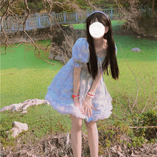 Load image into Gallery viewer, 2021 Print Sweet Kawaii Mini Dress Women Japanese Vintage Cute Blue Lace-up Dress French Princess Sequin Puff Sleeve Fairy Dress