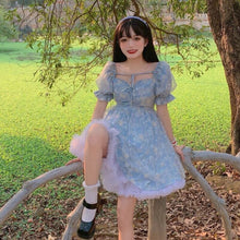 Load image into Gallery viewer, 2021 Print Sweet Kawaii Mini Dress Women Japanese Vintage Cute Blue Lace-up Dress French Princess Sequin Puff Sleeve Fairy Dress