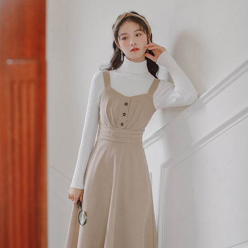 2021 Pure Color Literary Retro Strap Dress Femininas Sleeveless Square Collar Pleated French Elegant Strap Dresses Fashion Fall