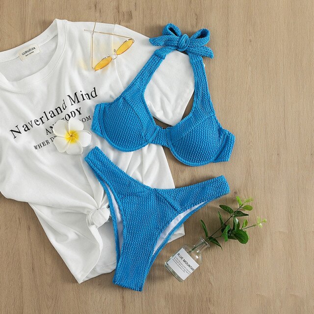 2021 Push Up Bikini Sexy Women Swimsuit Rib Bikini Set Thong Female Swimwear Halter Swimming Suit Beachwear Bathing Suit Biquini