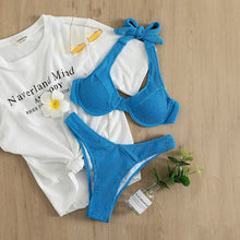 Load image into Gallery viewer, 2021 Push Up Bikini Sexy Women Swimsuit Rib Bikini Set Thong Female Swimwear Halter Swimming Suit Beachwear Bathing Suit Biquini