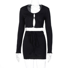 Load image into Gallery viewer, 2021 Ribbed Lace Up Hollow Out Women 2 Piece Set Crop Top Cardigan Mini Skirt Bodycon Sexy Streetwear Club Matching Outfit