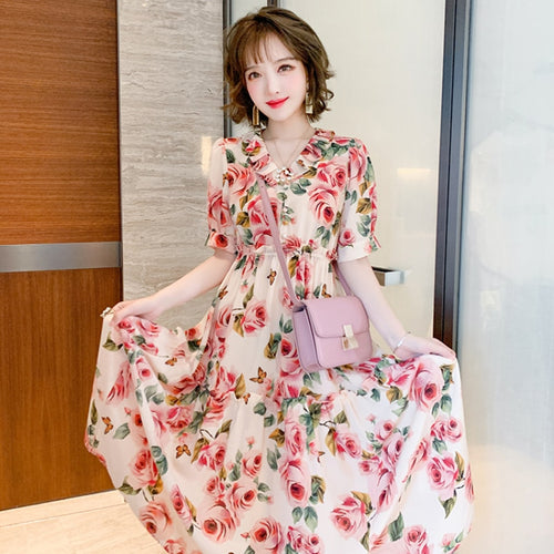 2021  Ruffle V-Neck High Waist Vintage Rose Print Short Sleeve Midi Dress Women Summer Fashion Casual Party Sundress Vestidos