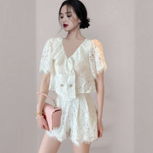 Load image into Gallery viewer, 2021 Runway Design Summer Temperament Elegant Sweet Lace Ruffles V-Neck Puff Sleeve Shirt + High Waist Short Suit
