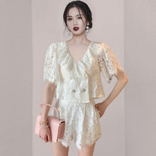 Load image into Gallery viewer, 2021 Runway Design Summer Temperament Elegant Sweet Lace Ruffles V-Neck Puff Sleeve Shirt + High Waist Short Suit