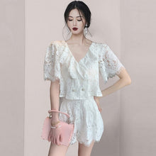 Load image into Gallery viewer, 2021 Runway Design Summer Temperament Elegant Sweet Lace Ruffles V-Neck Puff Sleeve Shirt + High Waist Short Suit
