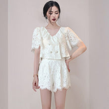 Load image into Gallery viewer, 2021 Runway Design Summer Temperament Elegant Sweet Lace Ruffles V-Neck Puff Sleeve Shirt + High Waist Short Suit
