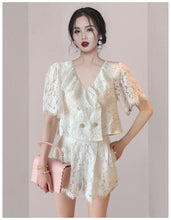 Load image into Gallery viewer, 2021 Runway Design Summer Temperament Elegant Sweet Lace Ruffles V-Neck Puff Sleeve Shirt + High Waist Short Suit