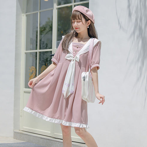 2021 Sailor Collar Puff Sleeve Girl White Pink Flower Dress Harajuku Kawaii Vintage Cosplay Lolita Clothes Women Beach Sundress
