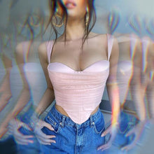 Load image into Gallery viewer, 2021 Satin Mesh Patchwork Women Irregular Strap Corset Crop Top Bodycon Zipper Sexy Streetwear Party Elegant Club 2021 Summer