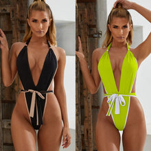 Load image into Gallery viewer, 2021 Sexy Bandage One Piece Swimsuit Women Deep V Halter High Cut Thong Monokini Swimwear Swim Suit Solid Bathing Suit Bodaysuit
