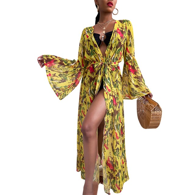 2021 Sexy Boho Bikinis Beach cover up Summer Swimwear Full Sleeve Beach Dresses Floral Pareo Beach Cover-ups Banador de mujer