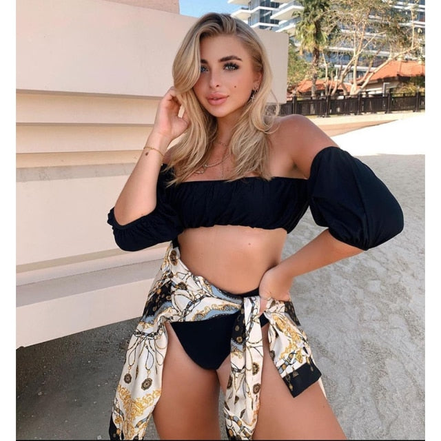 2021 Sexy Double Ruffle Bikinis Women Swimsuit Solid High Waist Swimwear Off The Shoulder Bathing Suit Beachwear Bandeau Biquini