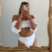 Load image into Gallery viewer, 2021 Sexy Double Ruffle Bikinis Women Swimsuit Solid High Waist Swimwear Off The Shoulder Bathing Suit Beachwear Bandeau Biquini