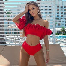 Load image into Gallery viewer, 2021 Sexy Double Ruffle Bikinis Women Swimsuit Solid High Waist Swimwear Off The Shoulder Bathing Suit Beachwear Bandeau Biquini