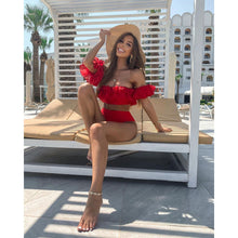 Load image into Gallery viewer, 2021 Sexy Double Ruffle Bikinis Women Swimsuit Solid High Waist Swimwear Off The Shoulder Bathing Suit Beachwear Bandeau Biquini