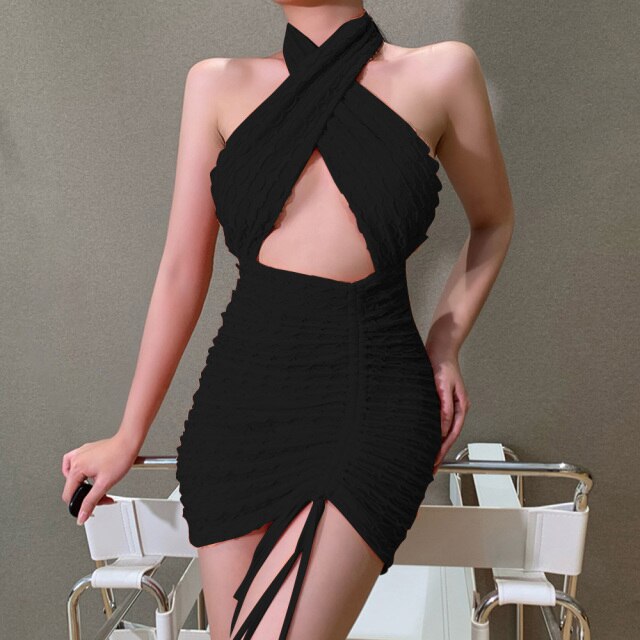 2021 Sexy Fashion Backless Mini Dress Women Nightclub Party Dress Summer Backless Halter Sleeveless Dress Bodycon Vestido Femme