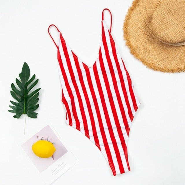 2021 Sexy One Piece Swimsuit Women V-Neck Swimwear Female Striped Print Bodysuit Monokini Backless Bathing Suit Summer Beachwear