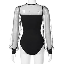 Load image into Gallery viewer, 2021 Sexy Pearl Mesh Puff Sleeve Bodysuit Women Tops See Through Skinny Bodycon Body Suit Rompers Basic Black Sexy Bodysuits
