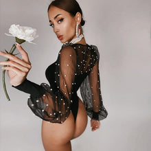 Load image into Gallery viewer, 2021 Sexy Pearl Mesh Puff Sleeve Bodysuit Women Tops See Through Skinny Bodycon Body Suit Rompers Basic Black Sexy Bodysuits