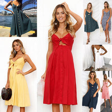 Load image into Gallery viewer, 2021 Sexy Spaghetti Straps Backless Women&#39;s Hollow Out Bow Dress Summer Fashion Casual Buttons Solid A Line Ladies Elegant Dress