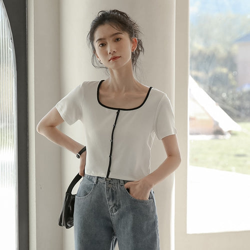 2021 Short Slim Top New Summer T Shirt Harajuku Vintage Korean Clothes T-shirts For Women Short Sleeve Tee Young Fashion Simple