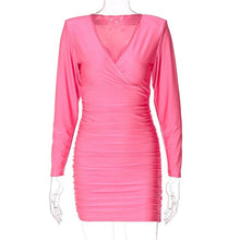 Load image into Gallery viewer, 2021 Solid Long Sleeve Deep V Neck Bandage Draped Sexy Mini Dress Women Summer Autumn Female Clothing Fashion Streetwear Elegant