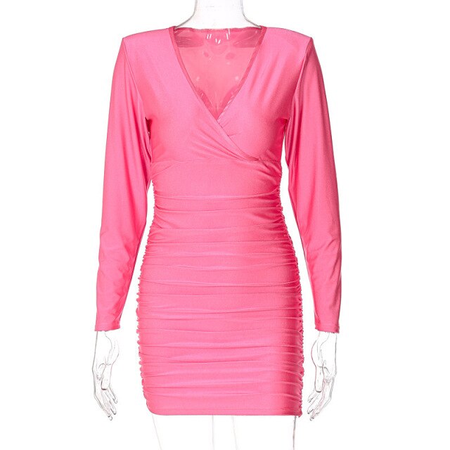 2021 Solid Long Sleeve Deep V Neck Bandage Draped Sexy Mini Dress Women Summer Autumn Female Clothing Fashion Streetwear Elegant