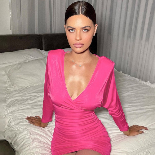 2021 Solid Long Sleeve Deep V Neck Bandage Draped Sexy Mini Dress Women Summer Autumn Female Clothing Fashion Streetwear Elegant