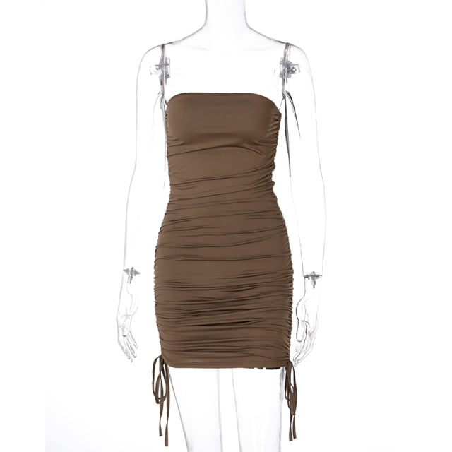 2021 Solid Women Tube Mini Dress Ruched Drawstring Lace Up Bodycon Bandage Sexy Party Elegant Club Streetwear 2021 Summer