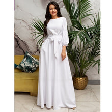 Load image into Gallery viewer, 2021 Sping Summer Vintage Solid Lantern Sleeve Maxi Long Dress Ladies O Neck Elegant Party Dress Women Casual Bow Sashes Dress